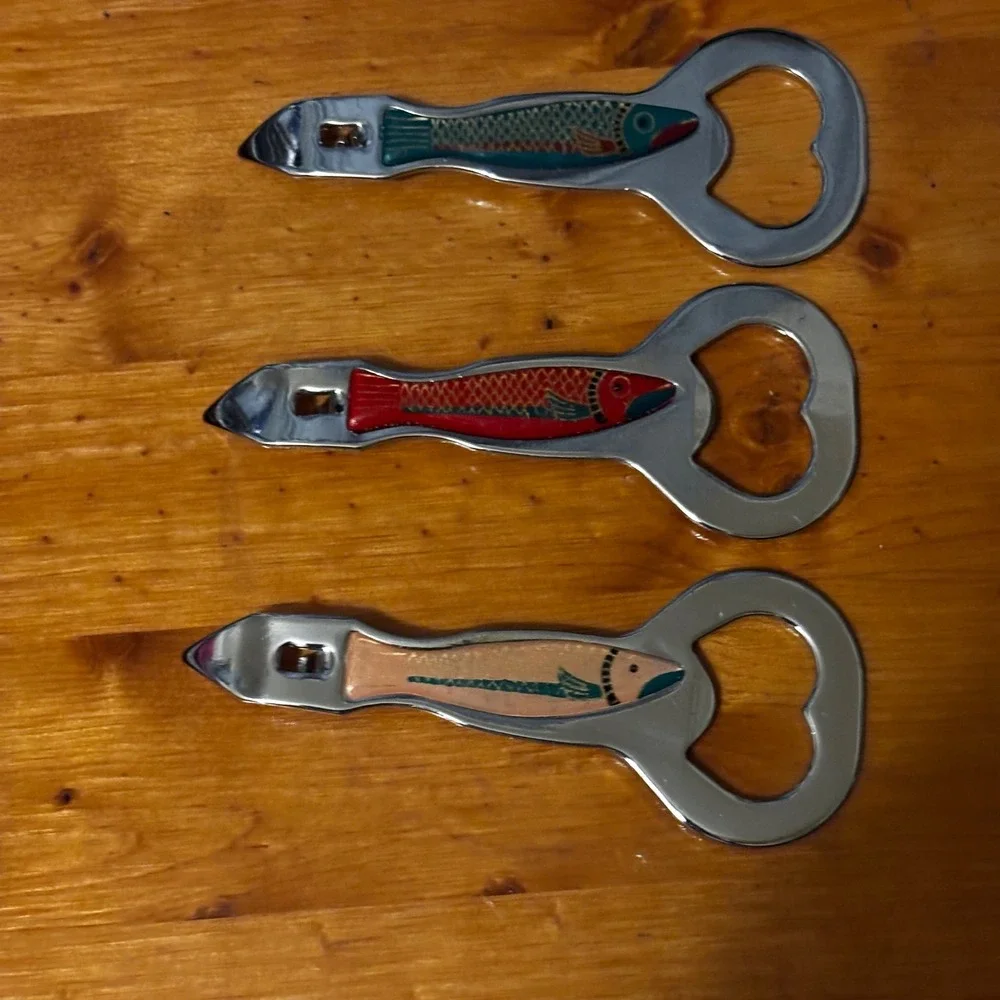 Vintage Stainless Steel Bottle Can Openers (3) Enameled Fish‎ Motifs SET #2